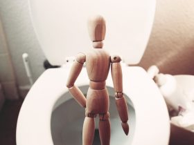 brown wooden mannequin on white ceramic toilet bowl