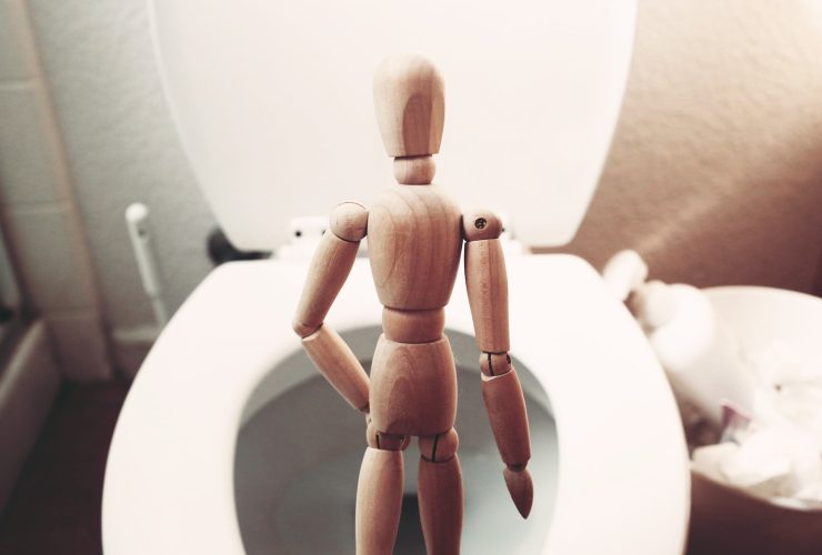 brown wooden mannequin on white ceramic toilet bowl