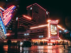 lighted buildings at night