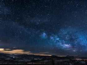 mountains with trees under white star at night