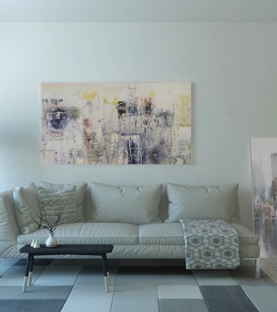Modern interieur van een kubuswoning met schuine plafondvlakken en uitstekende hoeken als designelement